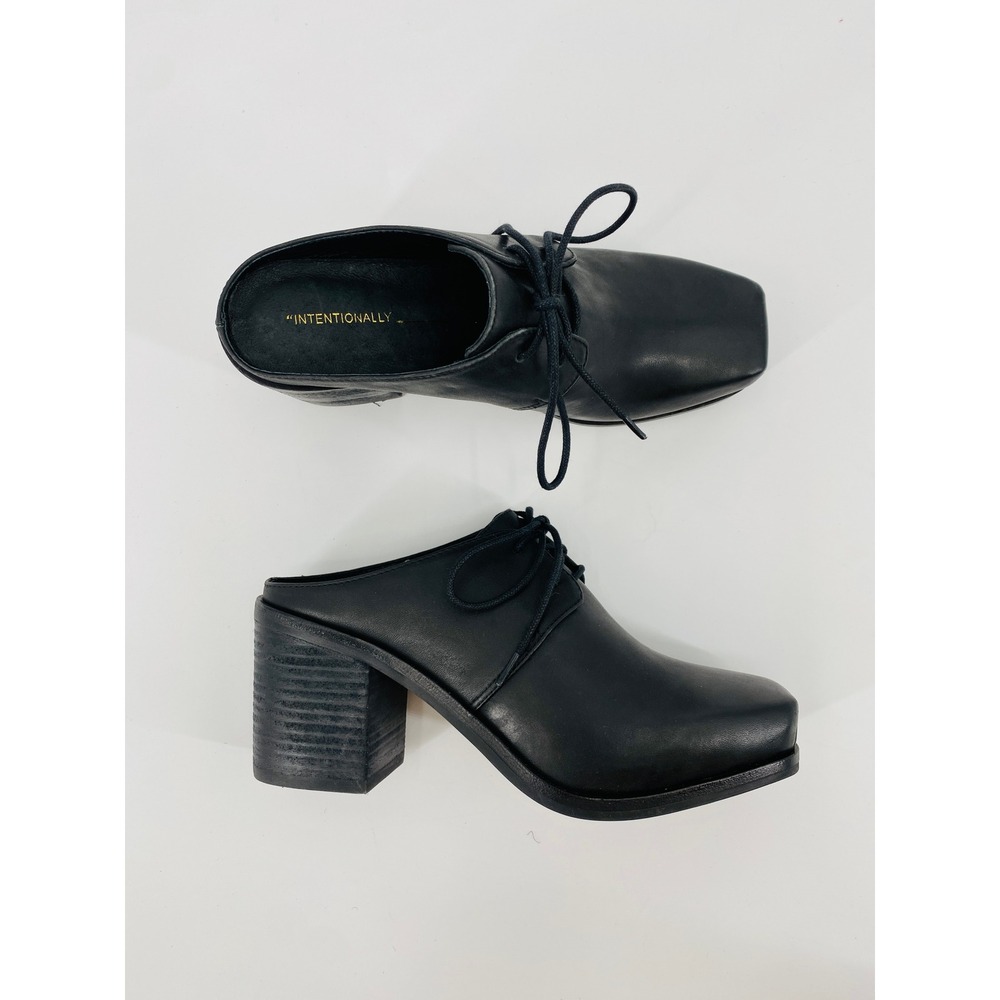 Intentionally Blank Lace Up Heeled Mules Women 7 Black Leather Square Toe Block
